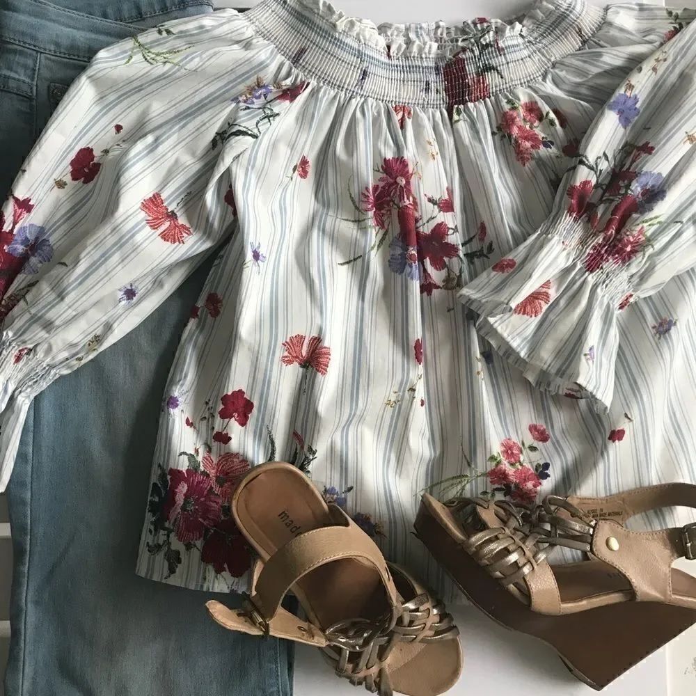 🎃ZARA STRIPE FLORAL COTTON TOP - Picture 2 of 5